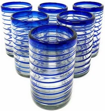 Cobalt Blue Spiral Design Drinking Glasses - Set of 6 (14 oz each)