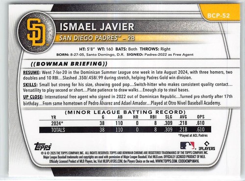 Bowman Chrome Prospects 2025 #BCP-52 Ismael Javier radiocontrol - Imagen 2 de 2