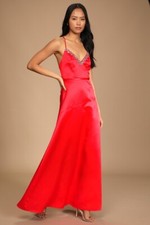 Red Satin Rhinestone Accent Evening Gown Maxi Dress