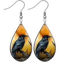 Raven Teardrop Earrings Black Crow Art Print Silver Dangle Bird Lover Gift
