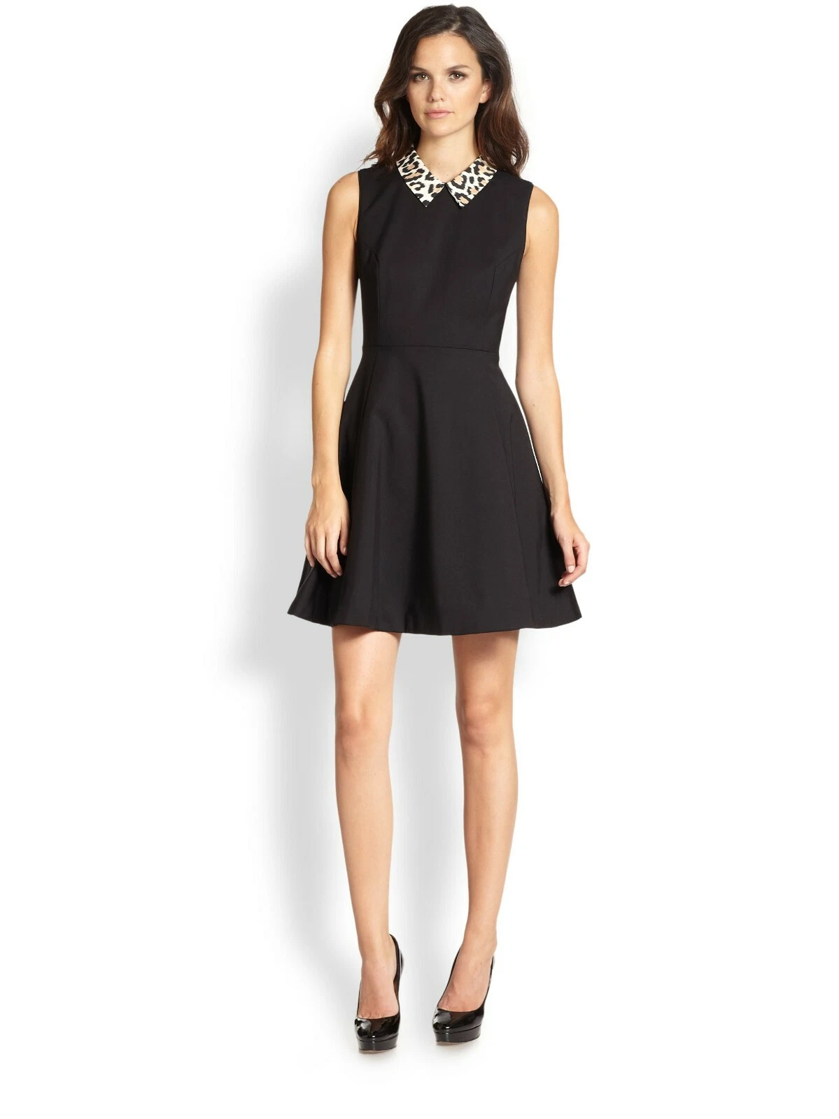 Abito Kate Spade nero Rissa Fit Flare Lepord foderato con colletto posteriore con cerniera taglia 2