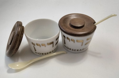 Set of 2 Vtg Ceramic Horseradish Jars Lid & Spoon Jewish Hebrew Passover Seder