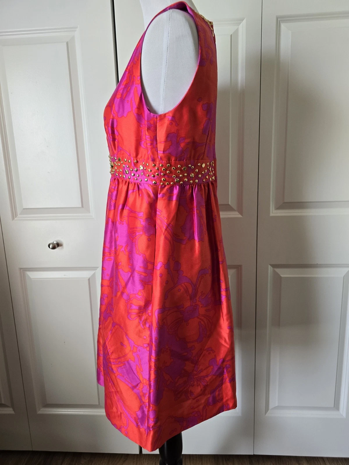 Abito in seta senza maniche Kate Spade New York rosso e viola impreziosito oro taglia 8 us intime ottimeioni