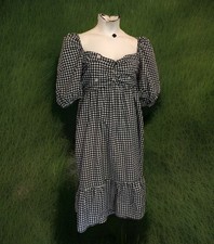 New! Boohoo Midi Dress Sz 20 (2XL) Black White Gingham Daisy Embroidery Puff Slv