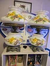 Vtg. Accurate Casting Co. 3 Way Hurricane Lamp hand painted Yellow Flowers 20.5"