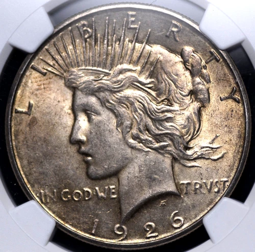 1926 S PEACE DOLLAR NGC AU 55 LIGHT WEAR AND A NICE ANTIQUE BRASSY BRONZE PATINA