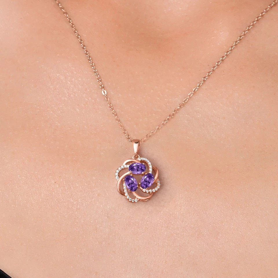 1.40 Ct Oval Purple Amethyst 18K Rose Gold Plated Silver 3-Stone Pendant - Image 3 of 4