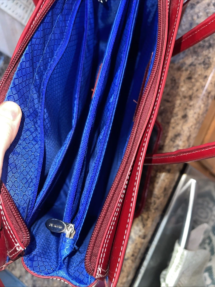 Mcklein Leather Bag - Red With Blue Interior - Many Pockets - Shoulder Strap - Image 3 of 4