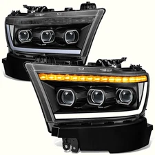 Fit 19-24 Ram 1500 Sequential Tri-Projector Black Clear LED DRL Headlight Lamps