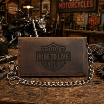 Ride To Live Genuine Hunter Leather Biker Wallet With Chain RFID Blocking Wallet
