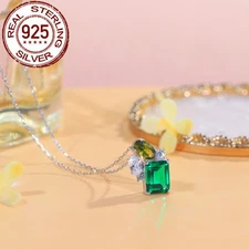 Solid 925 Sterling Silver CZ Green Gem Square Princess Cut Oval Pendant Necklace