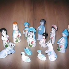 Vintage Mexican Pottery Tonala Nativity 13 Piece Set Christmas Folk Art Figurine