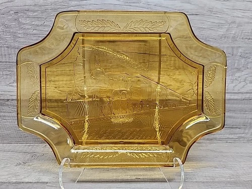 Vintage Locomotive Steam Train Bread Plate Amber Glass 1882 Union Pacific Rail