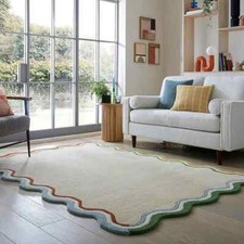 Minimalist Scallop Beige Rug Hand-Tufted 100 Wool Handmade Area Rug Carpet