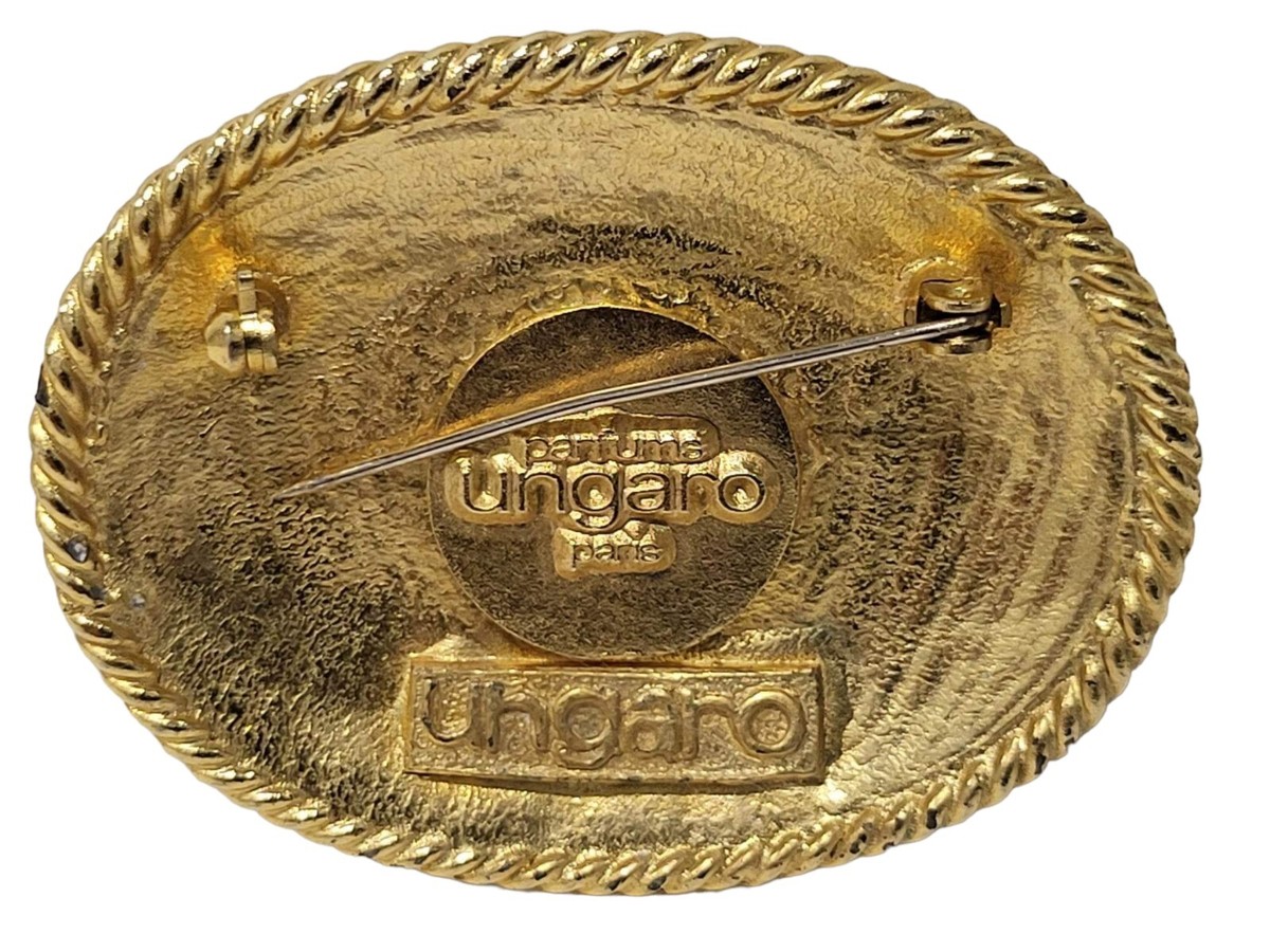 Broche Vintage Parfum Ungaro Paris Années 80 - Métal Doré, Cabochon Vert Émeraude - Occasion