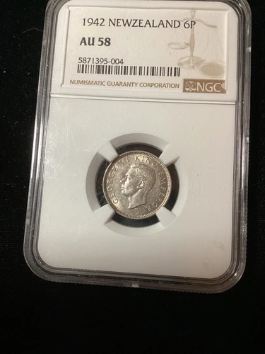 1942 New Zealand 6 P NGC AU58 Hard Silver Coin This Nice In Photos!