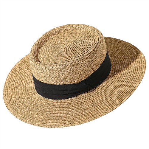 Fashion Straw Boater Hat Wide Brim Summer Beach Sunhat Flat Top Caps Women Men - Picture 13 of 18