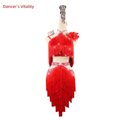 Vestido de Baile Latino Borla Piedras Falda Rendimiento Ropa Infantil Competición
