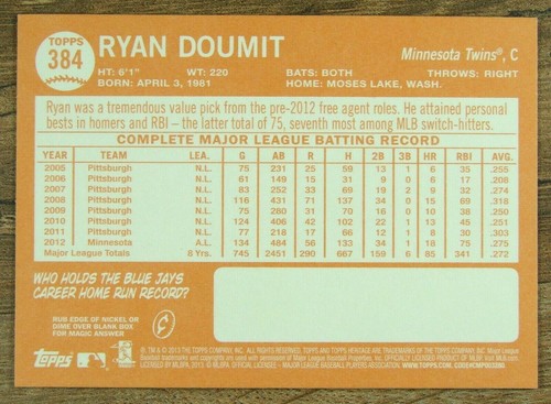 2013 Topps Heritage #384 Ryan Doumit Minnesota Twins - Picture 4 of 4
