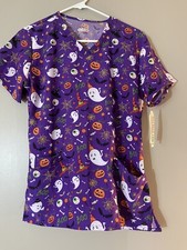 Halloween Women  s Medical Scrubs Purple M Four Way Stretch Size M New 3 Pockets
