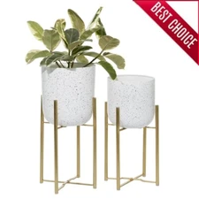 Deep Dome Metal Planters Set of 2 Gold Stands Indoor Outdoor Decorative Pots New