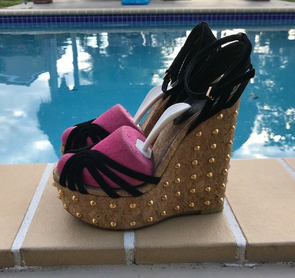 GUCCI Gold Studded Cork Wedge Black Suede Leather Straps Sz