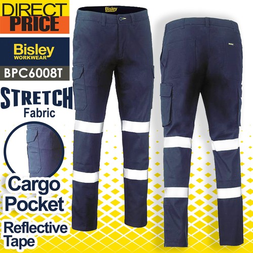 Bisley Mens HiVis Taped Biomotion Stretch Cotton Drill Cargo Pants