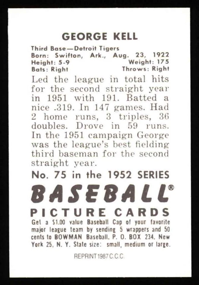 1952 Bowman REPRINT #75 George Kell Tigers HOF 8 - NM/MT - Image 2 of 2