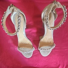 Silver Glitter Rhinestone Strappy Block Heel Ankle Strap Open Toe Heels