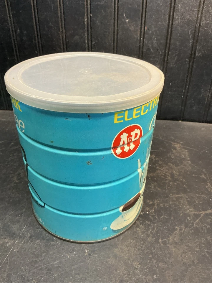 Lata de café de metal vintage A & P beneficio eléctrico 3 lb azul verdoso con tapa envío gratuito Foto 4 de 4