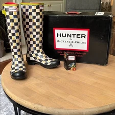 Hunter + Mackenzie Childs Courtly Check Plaid Rain Boots Wellies Tall US 9 New