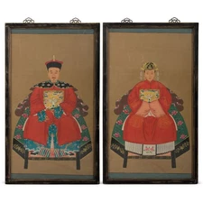 US Seller - Vintage Red Robe Chinese Ancestor Family Portrait Painting Set