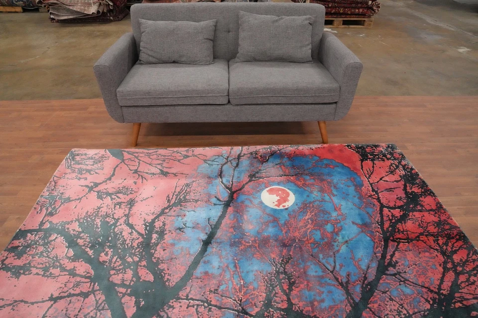 Pink Handmade Area Rug 6x8 Mystical Moonlit Forest Scene Modern Carpet - Image 3 of 4