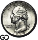 1939-D Washington Quarter 25C Silver, Solid Gem BU++ Nice Luster Early Denver