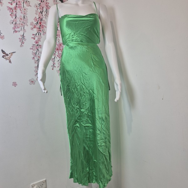 Bec & bridge slip dress womens size 12 green cut out sleeveless maxi satin B16