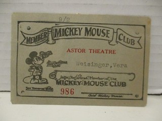 1930s Mickey Mouse Club Membership Member Card Astor Theatre RARE