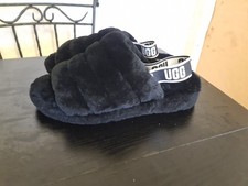 UGG Fluff Yeah Slide sandals in black with an elastic logo strap UK 10