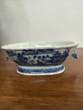 Mid-19th Century Chinese Canton Blue & White Porcelain Tureen w/ Boar Heads Sm