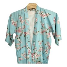Vtg Japanese Asian Kimono Style Yukata Robe Duster Cherry Blossom Bird No Belt