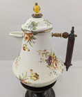 MacKenzie-Childs Floral Coffee Pot 10" Ivory Wooden Handle Authentic Backstamp