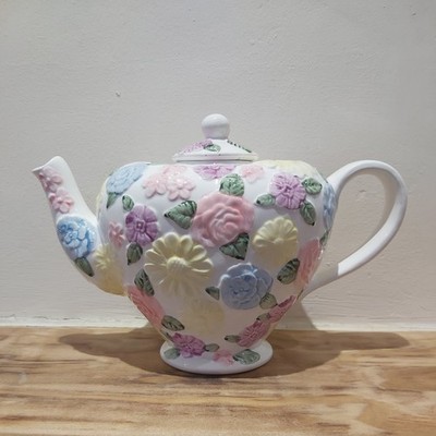 Vintage Neuheit Pastell Blumen Keramik Sammler Teekanne Allover Blumenstrauß  