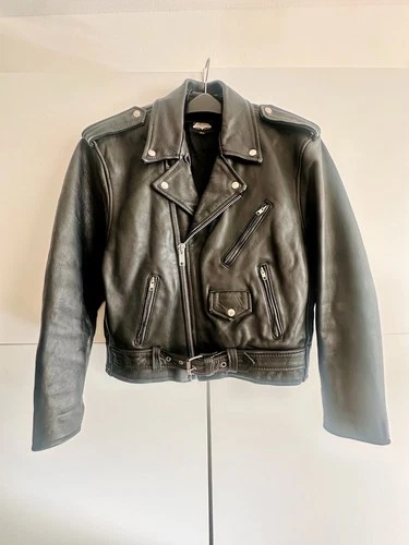 Vintage 90s Black Leather Biker Motorcycle Jacket Camden London Punk Belted HLC  - product listing photo