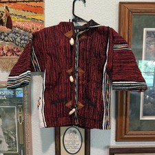 Vintage Burgundy Striped Moroccan Wool Blend Baja Jerga Hooded Jacket Kids S/M