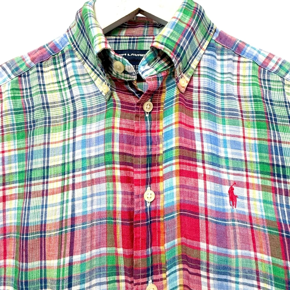 Camisa deportiva de lino Ralph Lauren talla 4 para mujer rosa verde a cuadros manga larga botón Foto 2 de 4