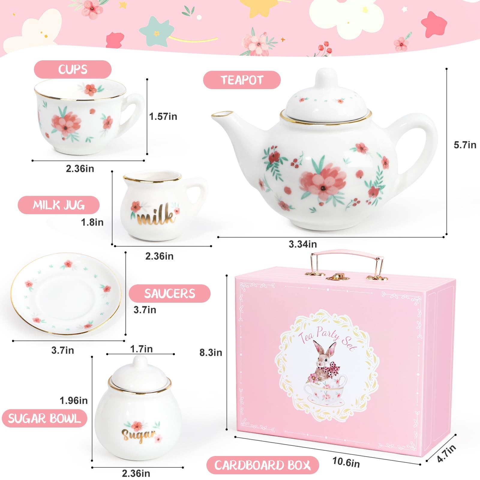 Tea Set for Kids, Ceramic Teapot  Cups, Princess Tea Party Toy Age 3+