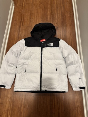 #ad The North Face 700 Puffer Jacket Hooded White Black Zip Size L $140.00
