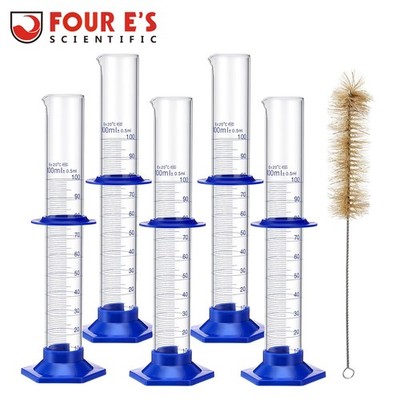 5x Graduated Cylinder 100ml Measuring Cylinder Lab Cylinders Flask Glass + Brush