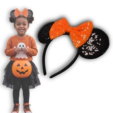 Sequin Mouse Ears Headband Orange Bow Black Sparkly Halloween Costume Party