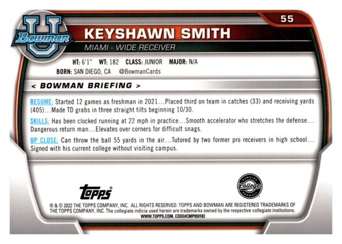 2022 Bowman University Chrome #55 Keyshawn Smith Miami - Bild 2 von 2