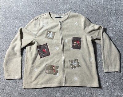 Vtg Womens XL Sweater Zip Snowflakes Cardinals Birds Cozy Winter Cottagecore